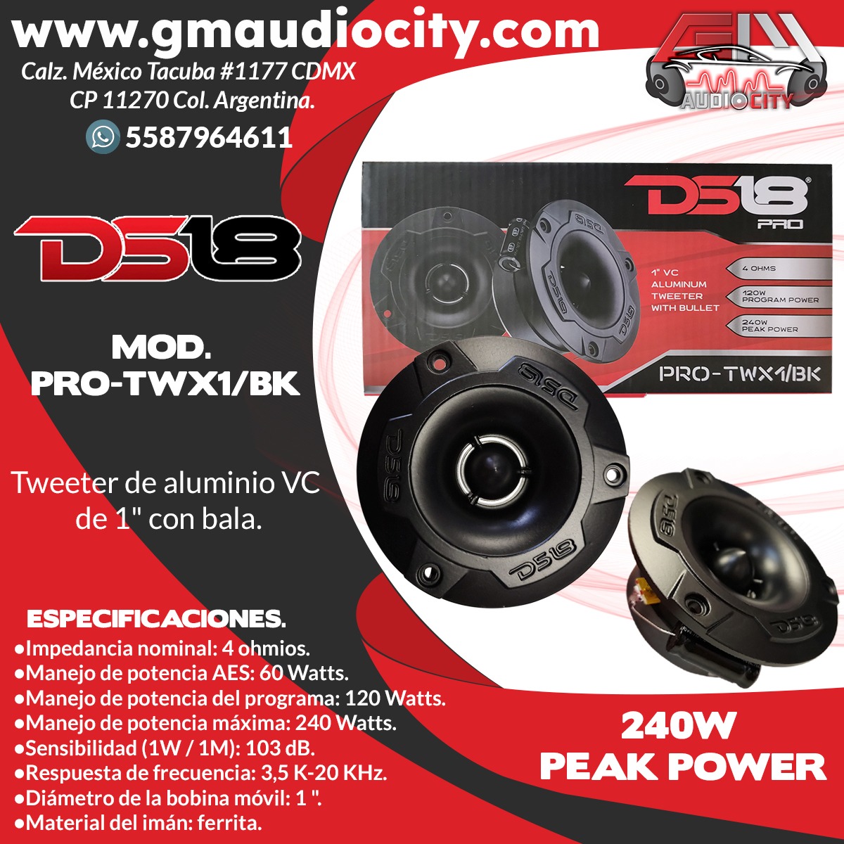 PRO-TWX2 - DS18 PAR TWEETER BULLET 3.8" 240W MAX OPEN SHOW