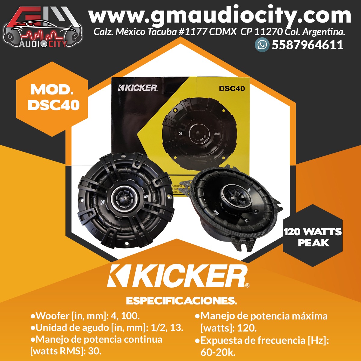 DSC404 - KICKER PAR DE BOCINAS 4” 2 VÍAS 120W 4 OHMS