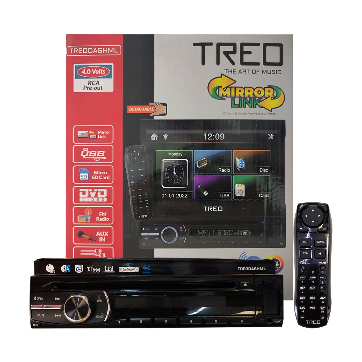 TREODASHML - TREO ESTEREO 1 DIN CON PANTALLA DE 7" CD DVD BT USB MIRROR LINK DESMONTABLE