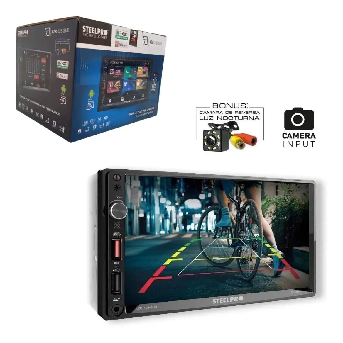 XZR-328-SUB - STEELPRO 2 DIN 7" MIRROR LINK BT USB + CAMARA