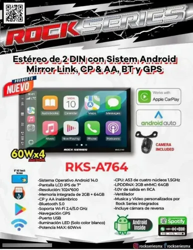 RKS-A764 - PANTALLA DE 7" CARPLAY Y ANDROID AUTO INALAMBRICOS 2/64GB INCLUYE CAMARA