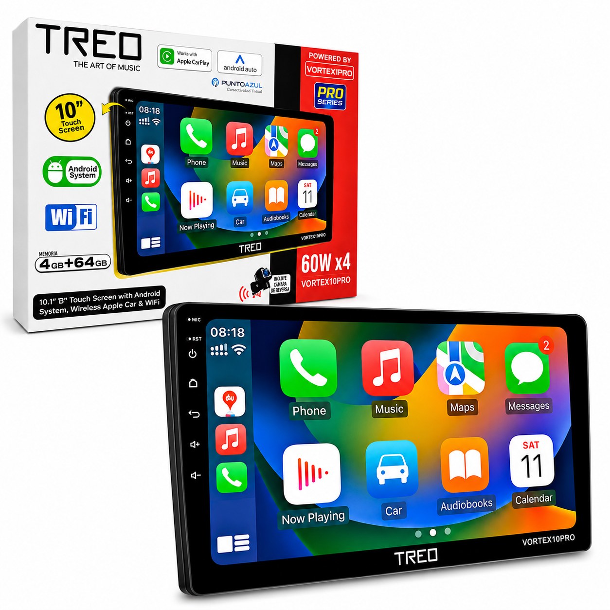PANTALLA 10” TREO VORTEX10PRO CARPLAY ANDROID AUTO 4/64GB